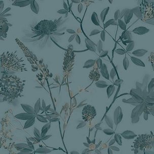 Papier peint floral botanique fond bleu canard