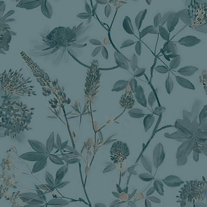 Papier peint floral botanique fond bleu canard