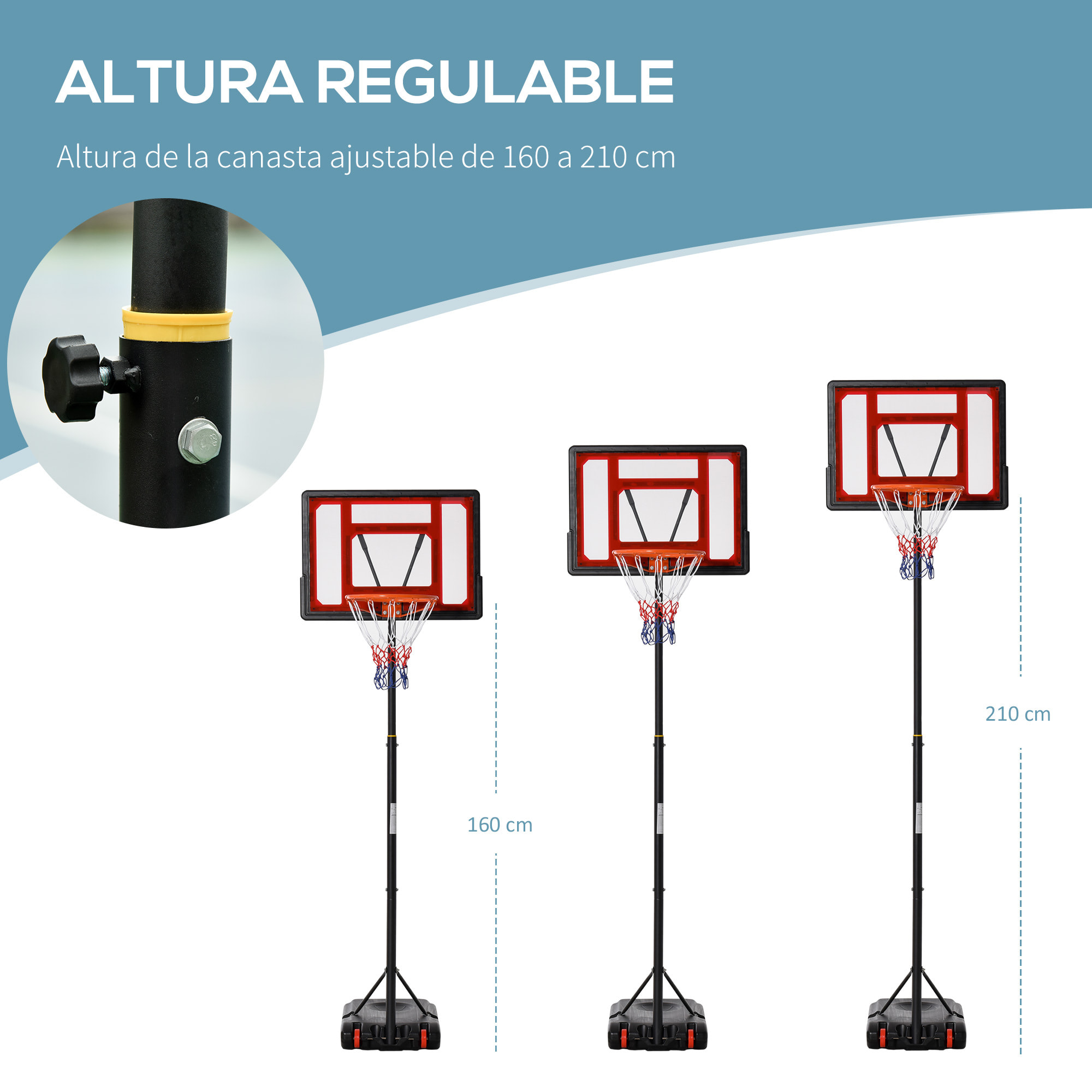 Canasta de Baloncesto Ajustable de 160-210 cm con Soporte Acero Base Rellenable