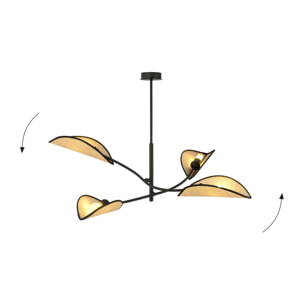 Lampada a sospensione Lotus in acciaio nero e rattan