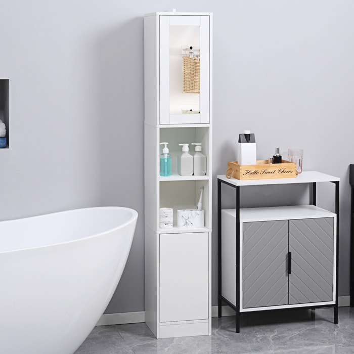 Armoire salle de bain, meuble de rangement colonne avec miroir, 2 portes, étagères réglables, 30x28x170cm, blanc