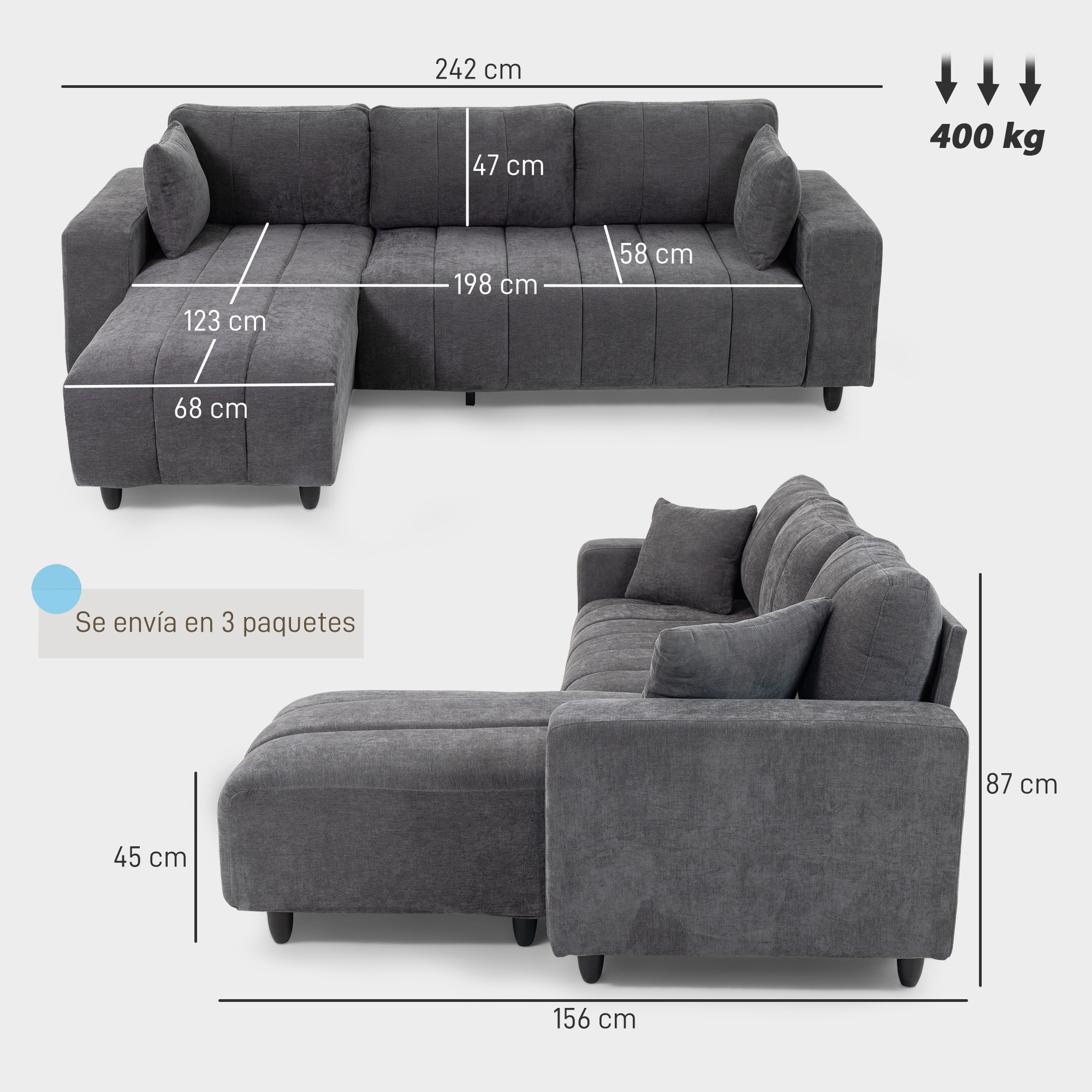 Sofá Chaise Longue Reversible, Sofá Esquinero en Forma de L de 3 Plazas, 2 Almohadas, Tapizado en Lino, Marco de Acero, para Salón, 242x156x87 cm, Gris Oscuro