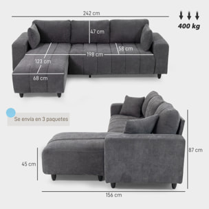 Sofá Chaise Longue Reversible, Sofá Esquinero en Forma de L de 3 Plazas, 2 Almohadas, Tapizado en Lino, Marco de Acero, para Salón, 242x156x87 cm, Gris Oscuro