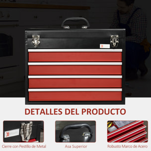 Caja de Herramientas de Acero con 4 Cajones Tapa Abatible y Cierres Metálicos Maletín de Herramientas Portátil para Taller Bricolaje Hogar 51x22x39,5 cm Negro y Rojo