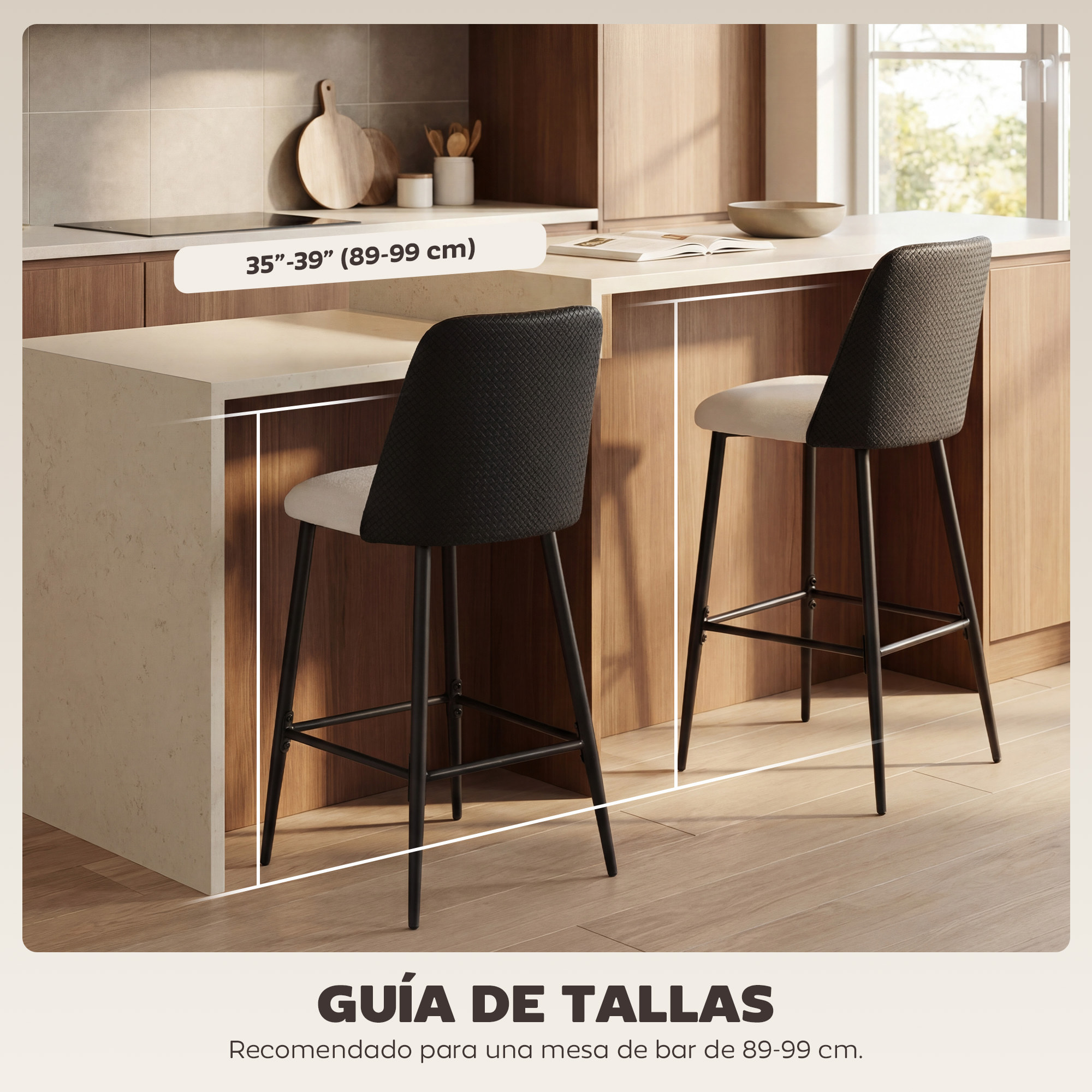 Juego de 2 Taburetes de Bar, Taburetes Altos de Cocina con Respaldo y Reposapiés, Tapizados de Lino y PU, Marco de Acero, Asiento de 65 cm de Altura, para Mostrador, Comedor, Negro