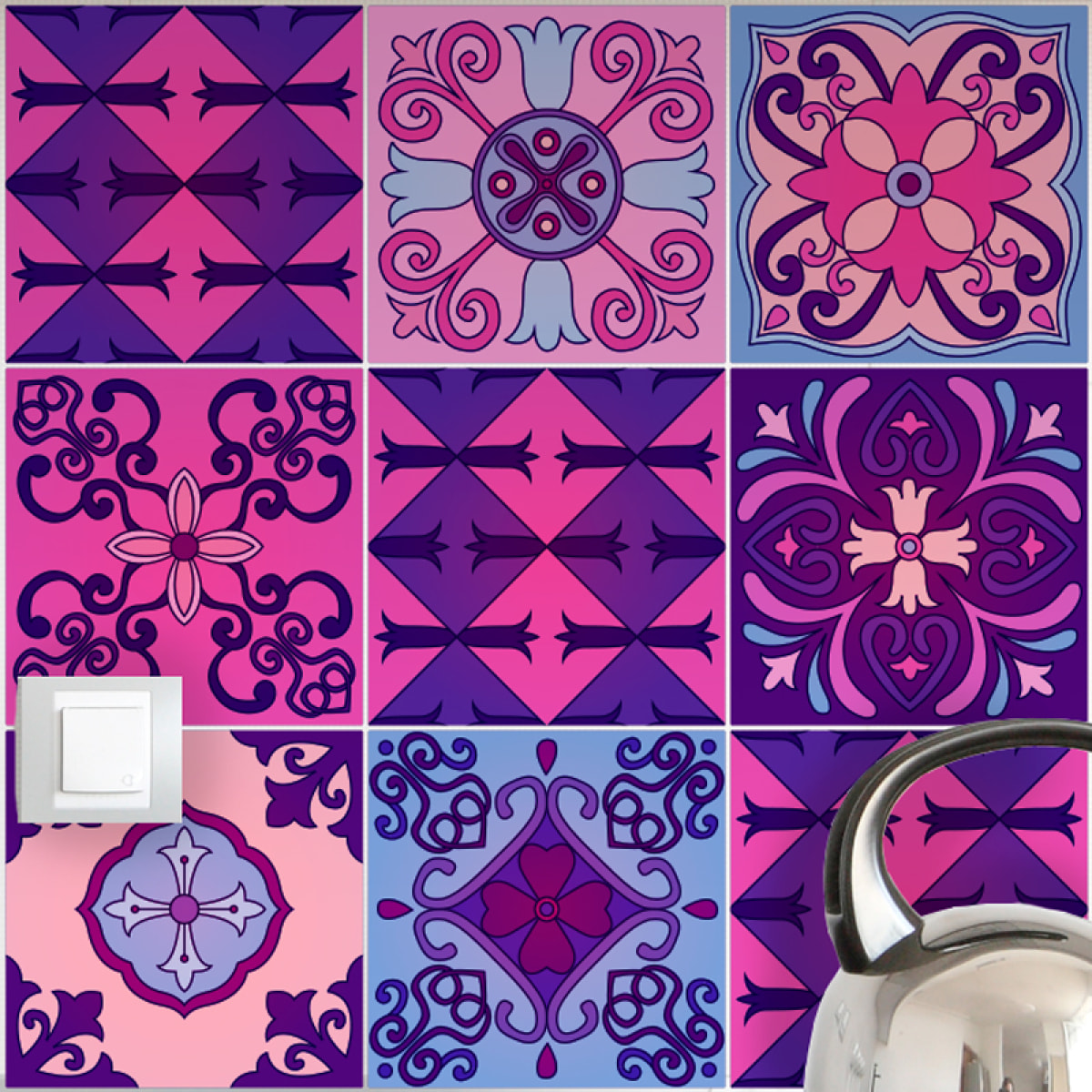 Stickers muraux - Sticker Mural Carrelage adhésif Cuisine Salle de Bain - 9 STICKERS CARRELAGES AZULEJOS VIOLET BYZANTINE