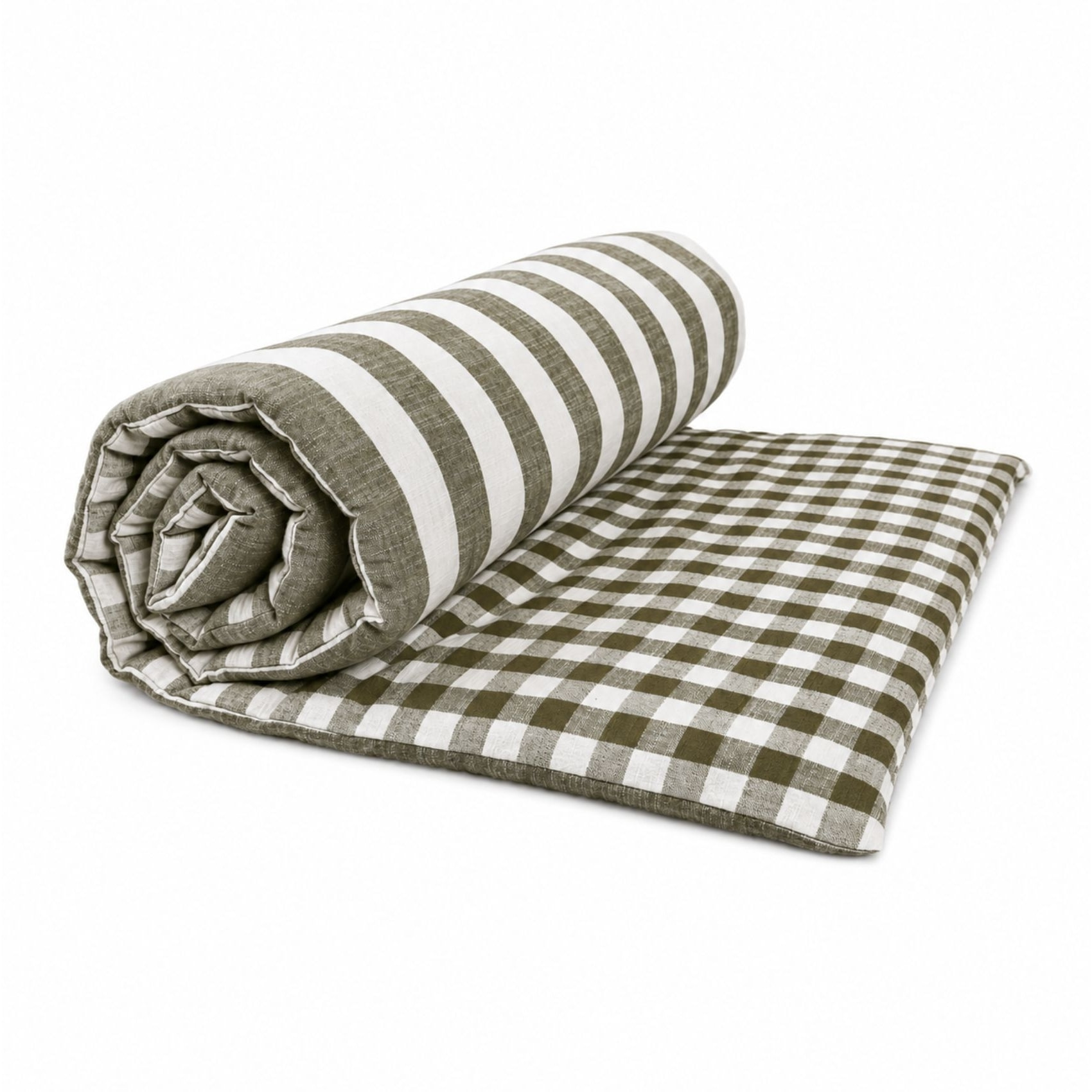 Édredon réversible coton flammé motifs rayures et vichy LOURMARIN - Kaki