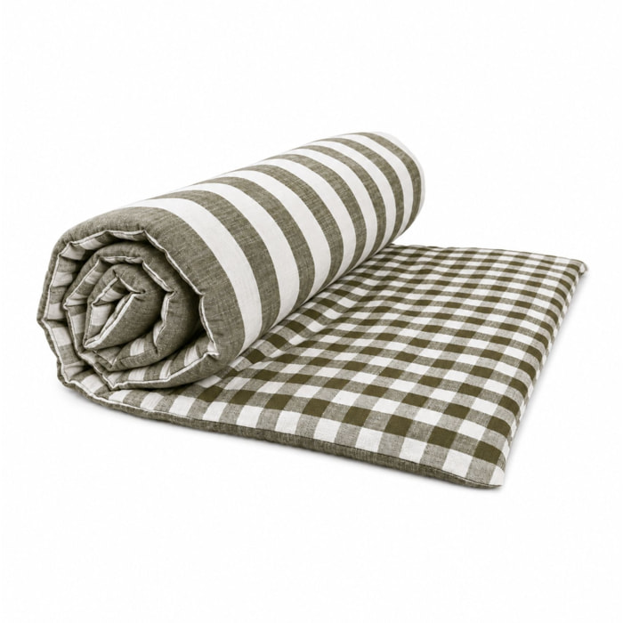 Édredon réversible coton flammé motifs rayures et vichy LOURMARIN - Kaki