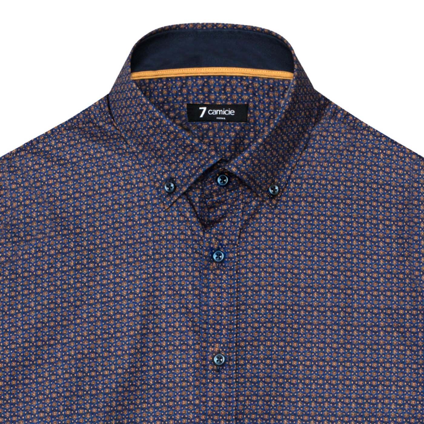 camicia uomo 1 bottone button down slim Popeline Stampato Bluette e Ocra