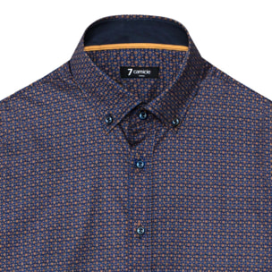 camicia uomo 1 bottone button down slim Popeline Stampato Bluette e Ocra