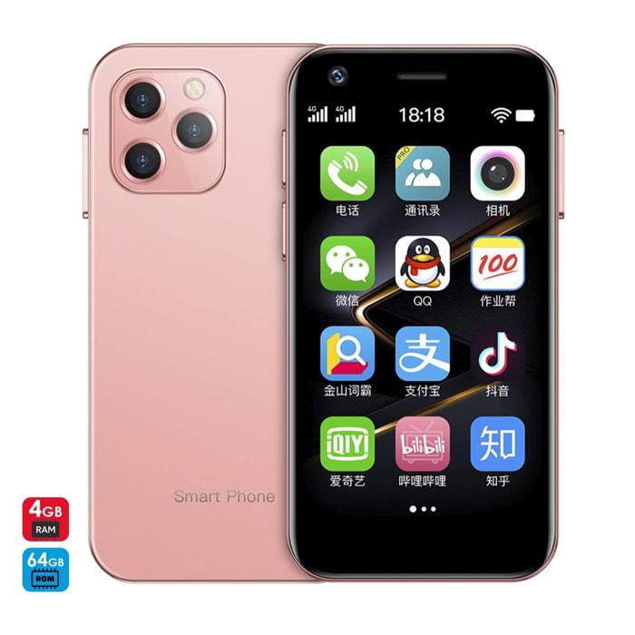 DAM Mini smartphone XS12 4G, Android, 4GB RAM + 64GB. Pantalla 3''.Doble tarjeta SIM. 4,5x1,1x8,9 Cm. Color: Rosa