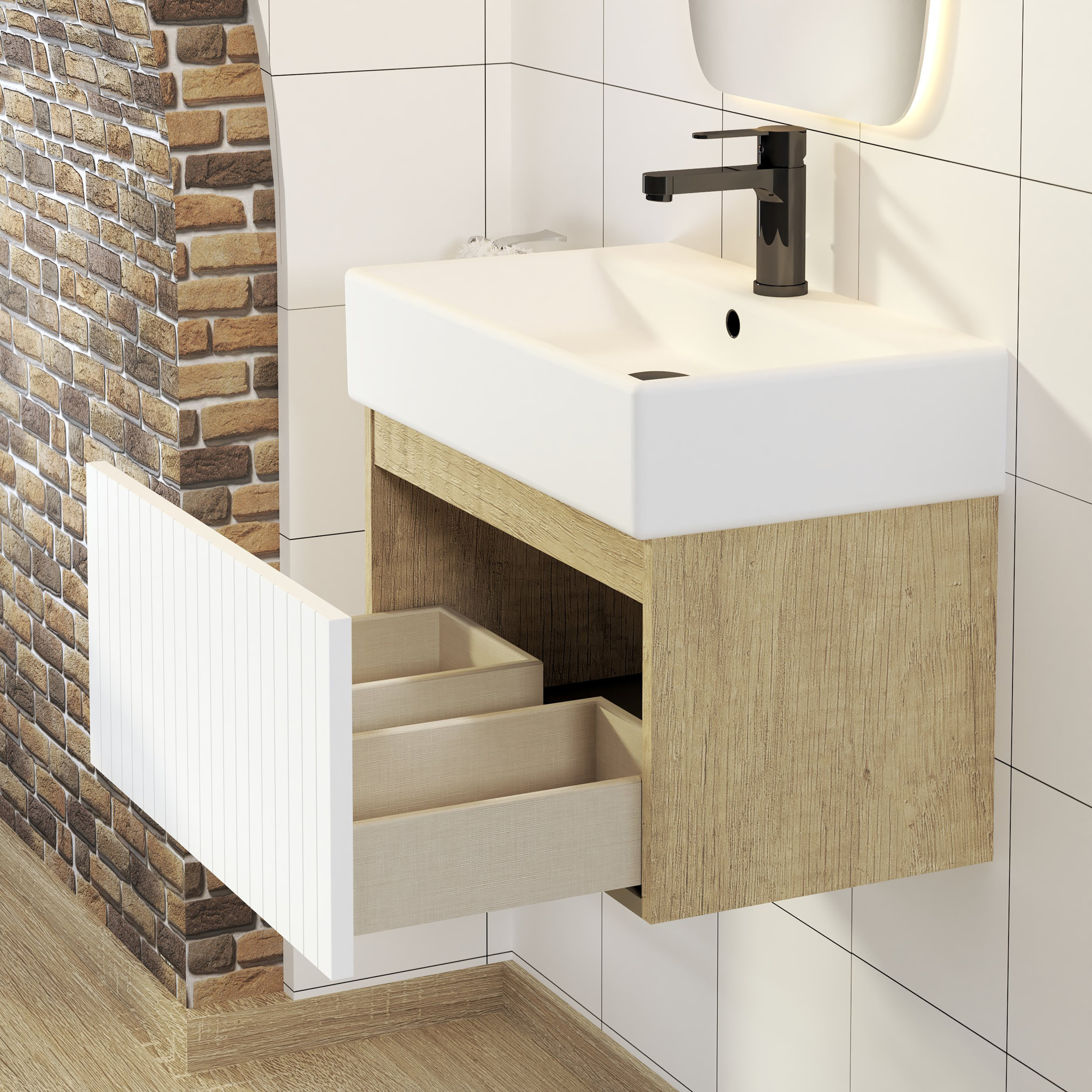 Conjunto de Baño Zel | Mueble Suspendido | 60 cm Blanco | Un Cajón | Lavabo Encastrado | No incluye Espejo | Mueble Montado| Alday