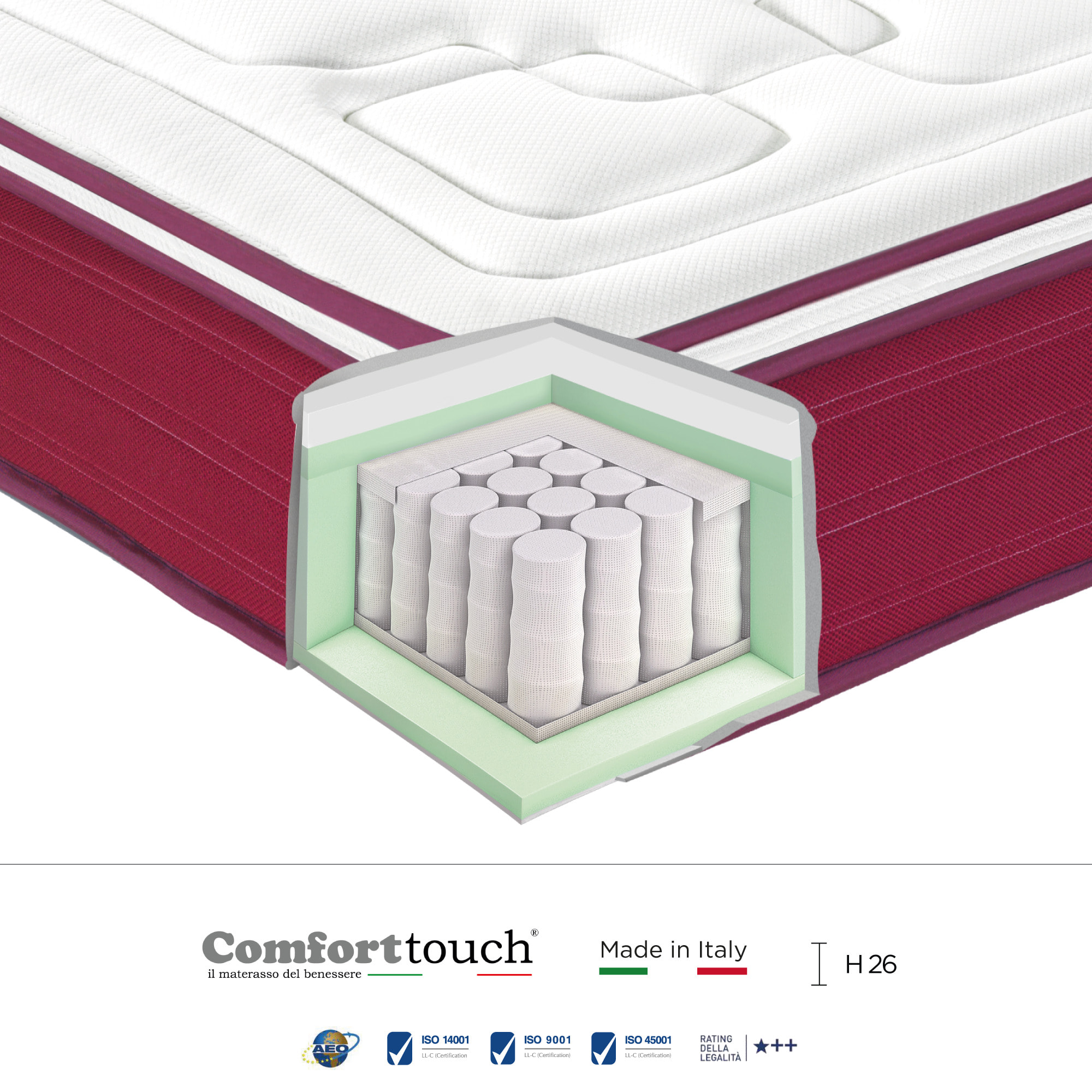 "Purple" H26 cm 80x200 guanciale Memory in OMAGGIO a molle insacchettate e 2cm memory