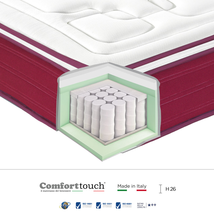 "Purple" H26 cm 80x200 guanciale Memory in OMAGGIO a molle insacchettate e 2cm memory