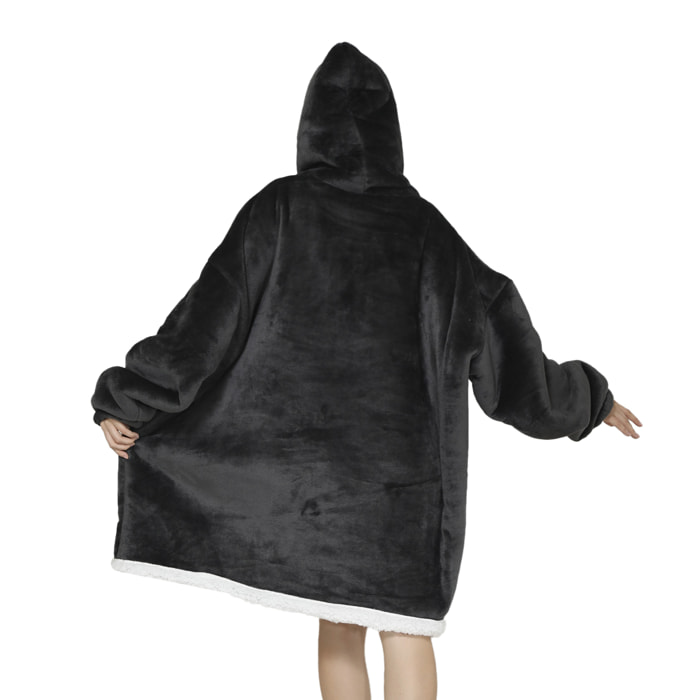 Bata estilo sudadera y manta de felpa extrasuave. Bolsillo frontal tipo canguro. Diseño liso Gris Oscuro