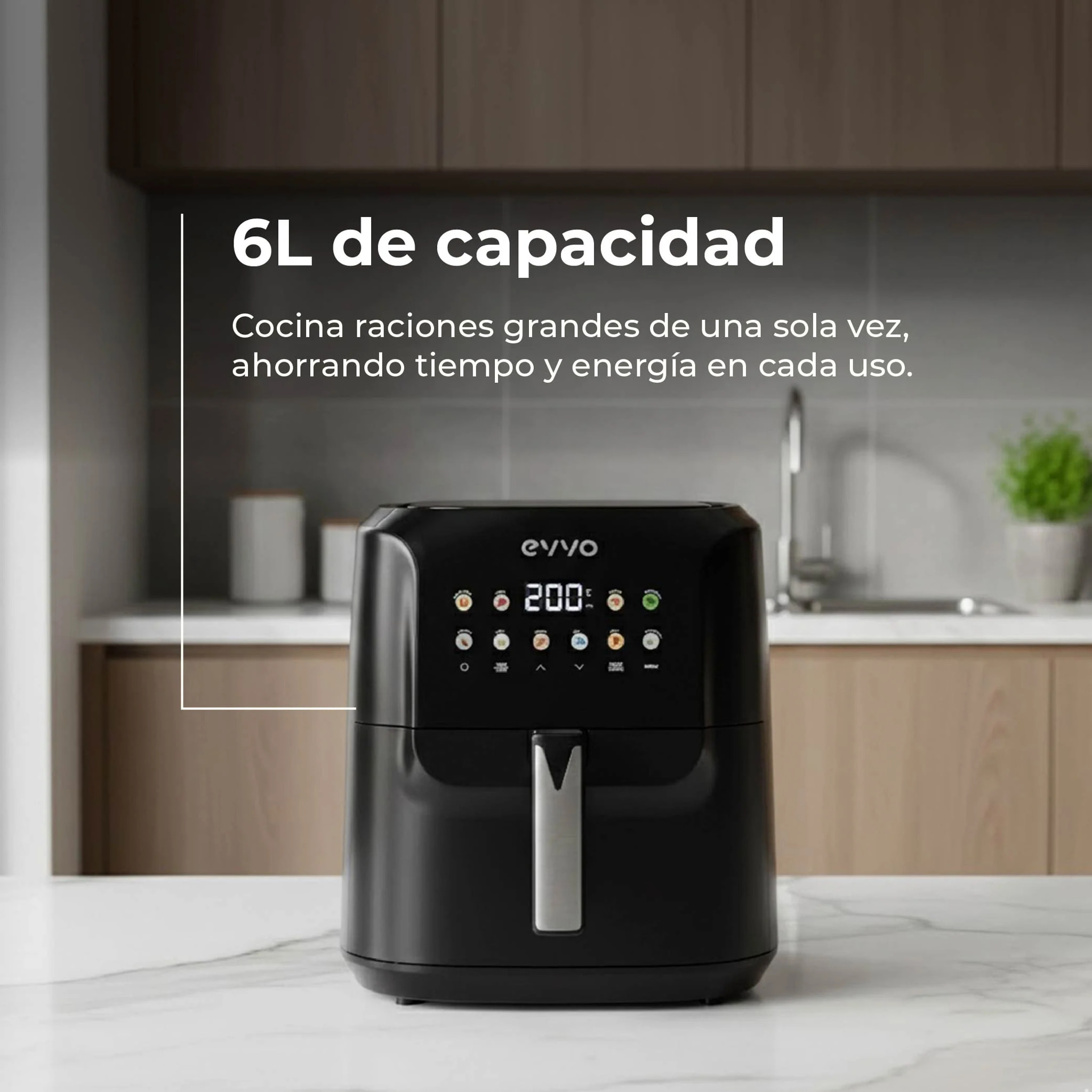 Freidora sin aceite EVVO Tasty Fryer Advance 6L, capacidad 6 l, hasta 200ºC, 1700W, panel táctil, doble resistencia