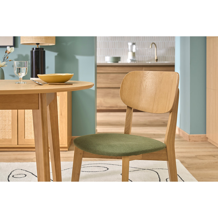 Chaises vintage en bois clair chêne et tissu effet velours texturé vert kaki (lot de 2) LUCIA
