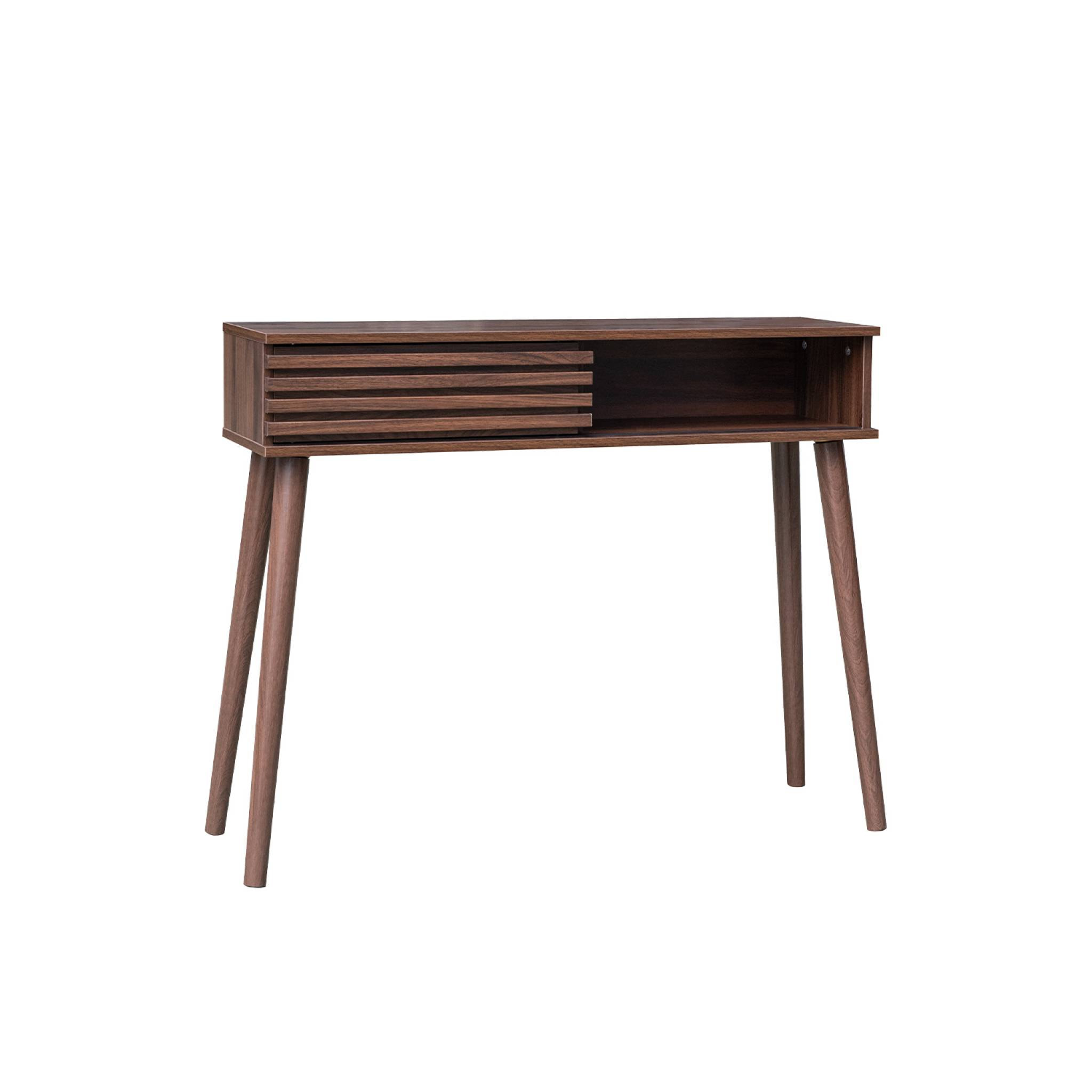 Console scandinave effet bois noyer avec 1 porte coulissante rainurée 2 niches de rangement