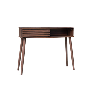 Console scandinave effet bois noyer avec 1 porte coulissante rainurée 2 niches de rangement