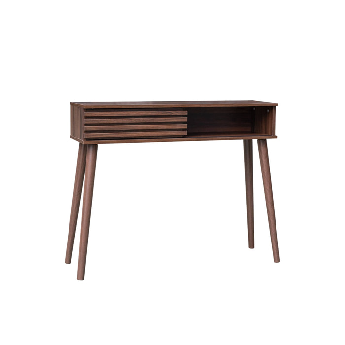 Console scandinave effet bois noyer avec 1 porte coulissante rainurée 2 niches de rangement