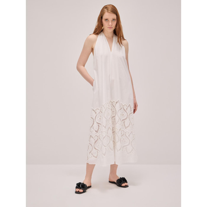 Oltre - Long cotton dress with crochet embroidery - Blanco