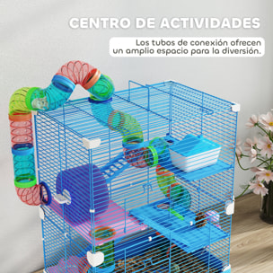 Jaula para Hámster Casa para Animales Pequeños con Túnel Plataformas Cuenco Bebedero Casita Rampas y Rueda de Ejercicio 46x30x58cm Azul