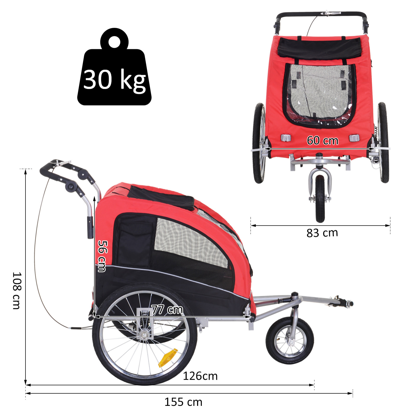 Remorque vélo jogger 2 en 1 pour animaux drapeau roue avant pivotante réflecteurs et barre d'attelage inclus rouge noir