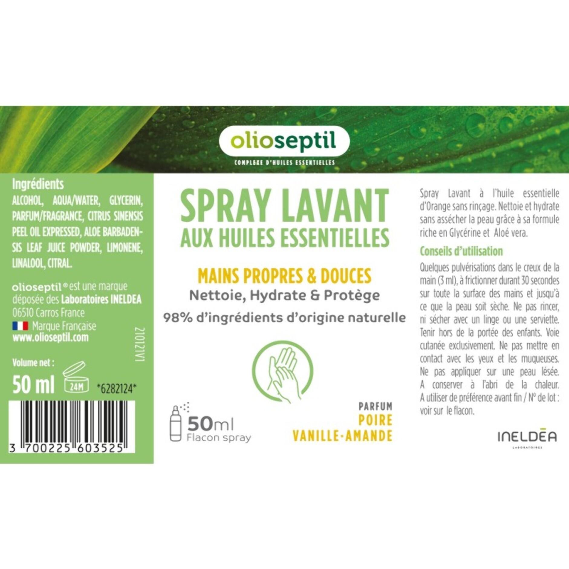 OLIOSEPTIL - Spray Lavant aux Huiles Essentielles - Mains propres & douces - 98% d'ingrédients d'origine naturelle - Nettoie, hydrate & protège - Sans rinçage - Poire Vanille-Amande - Spray 50ml