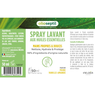 OLIOSEPTIL - Spray Lavant aux Huiles Essentielles - Mains propres & douces - 98% d'ingrédients d'origine naturelle - Nettoie, hydrate & protège - Sans rinçage - Poire Vanille-Amande - Spray 50ml