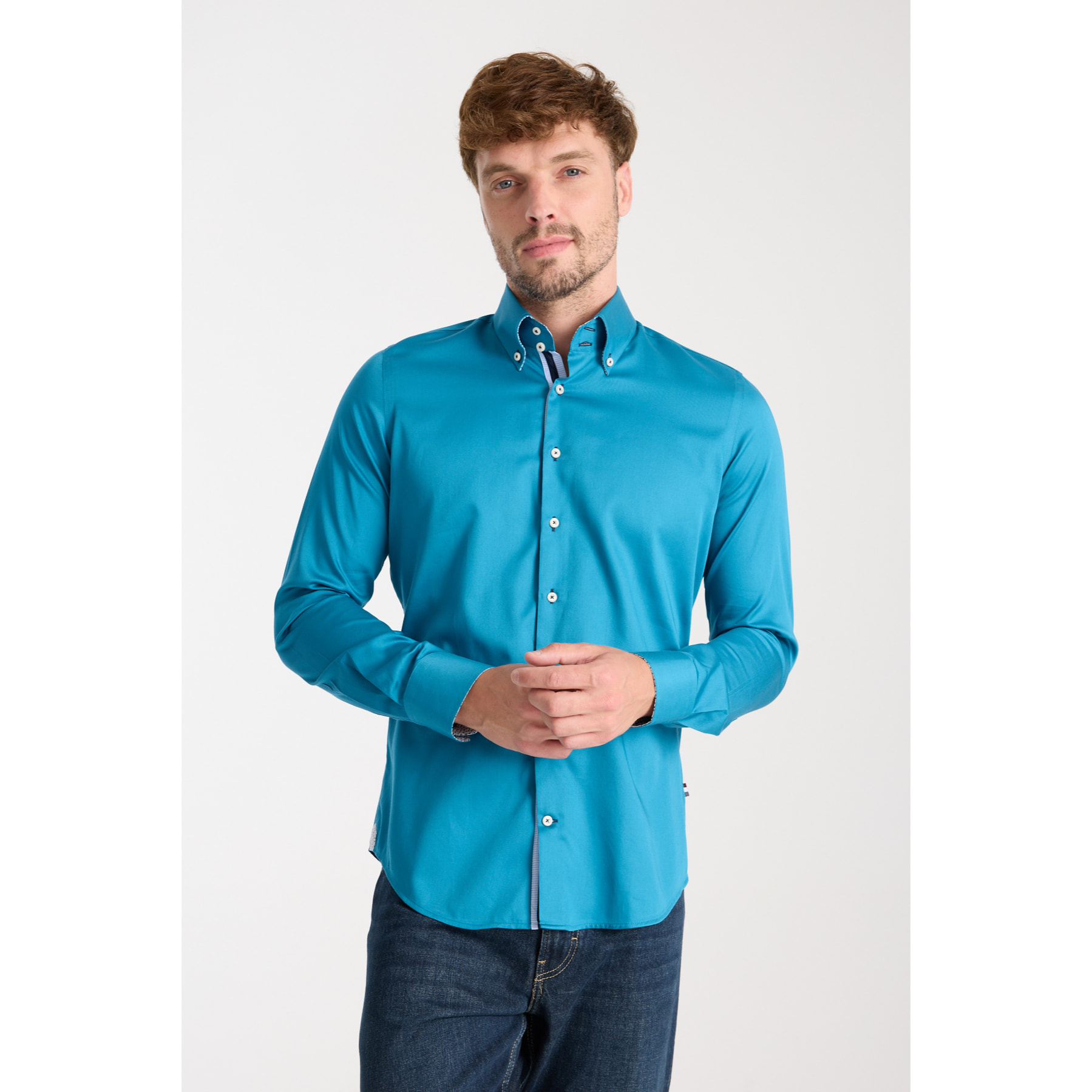 Camicia Uomo 2 Bottoni Button Down Slim Satin Unito Verde Ottanio