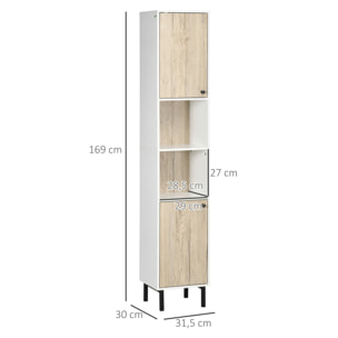 Armario Alto de Baño Columna Auxiliar de Baño con 2 Puertas y 6 Estantes para Ducha Aseo Dormitorio Estilo Moderno 31,5x30x169 cm Blanco y Roble