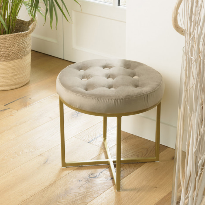 ALBANE - Tabouret rond 41x41cm velours taupe avec boutons pieds croisés métal doré