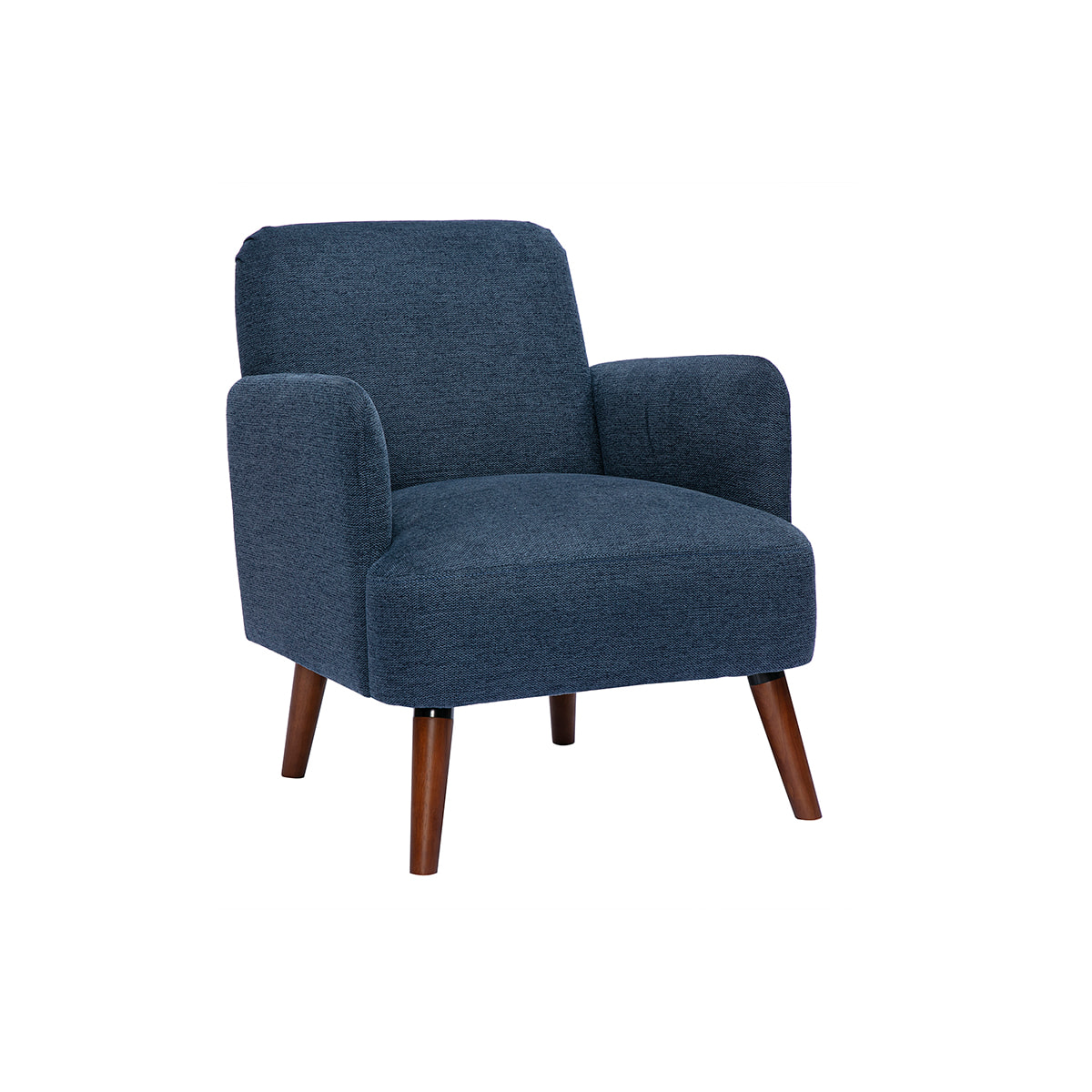 Fauteuil scandinave en tissu effet velours texturé bleu foncé et bois foncé ISKO