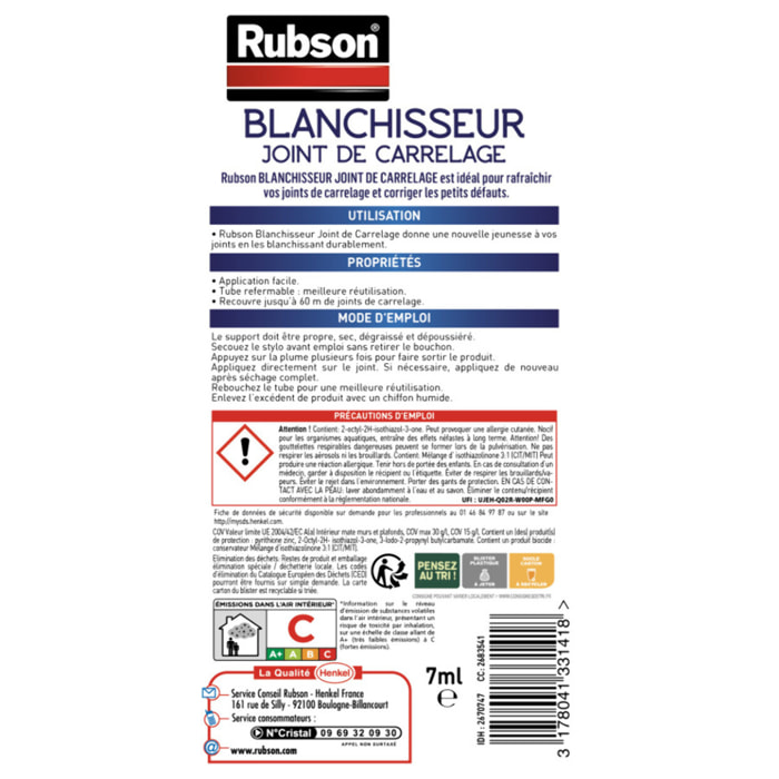 Pack de 2 - Rubson - Produits De Service Easy Service Rénov'Joint De Carrelage Blanc 7Ml