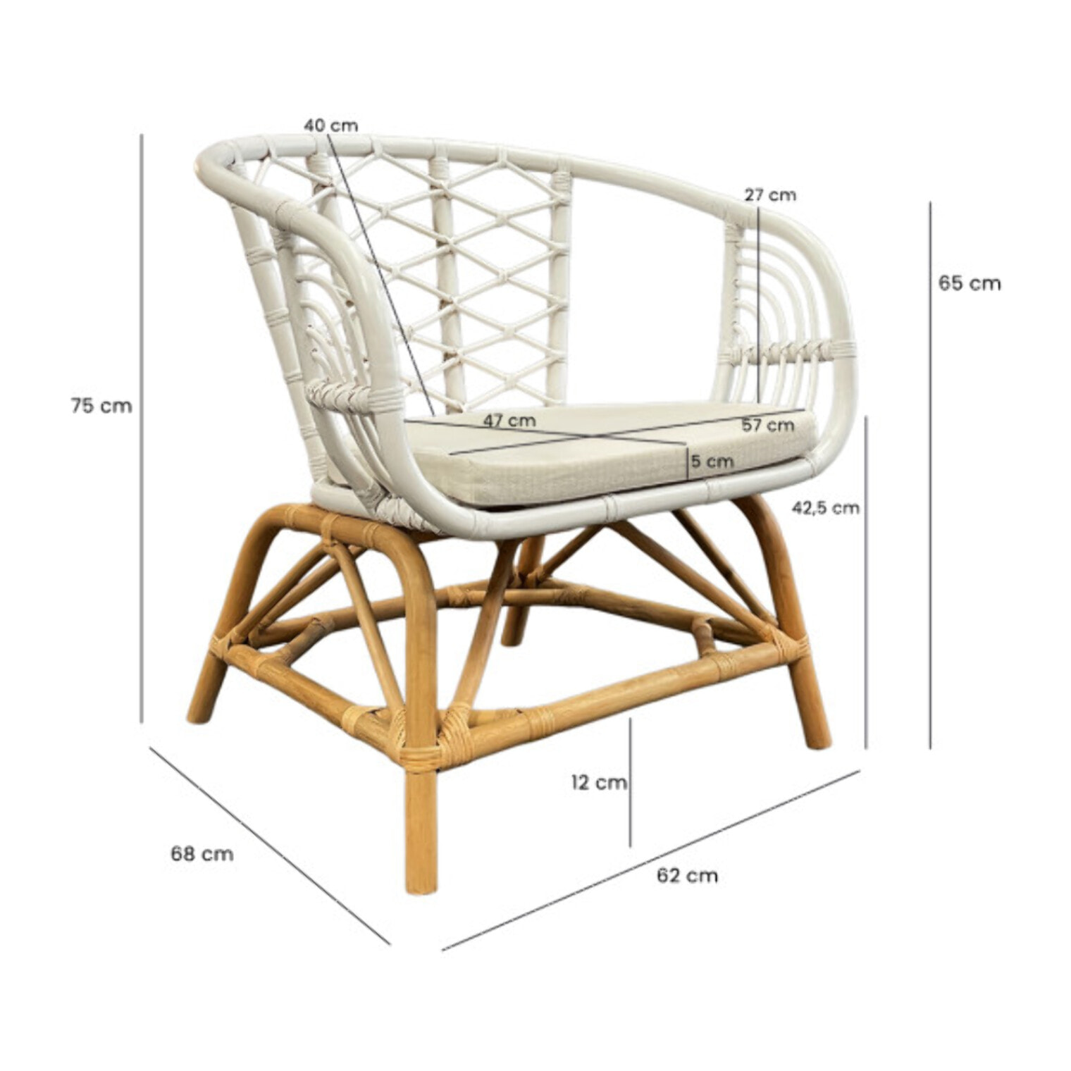 Fauteuil relax en rotin tressé bicolore blanc avec coussin – AURA