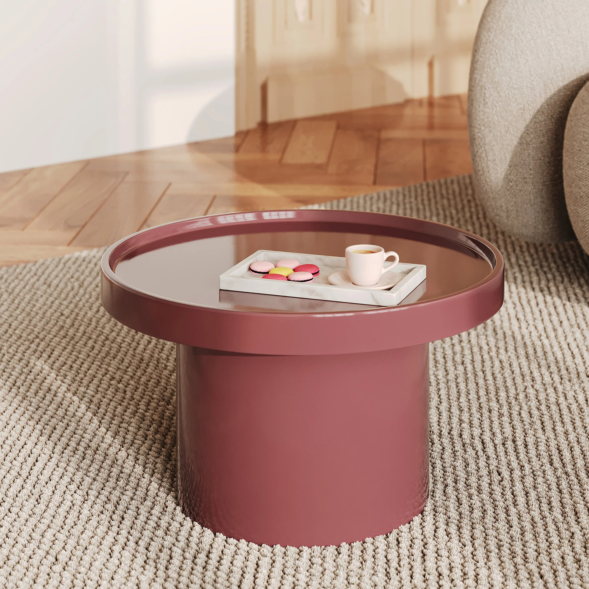 Table d'appoint laquée rouge framboise en MDF, D50 cm - Nora