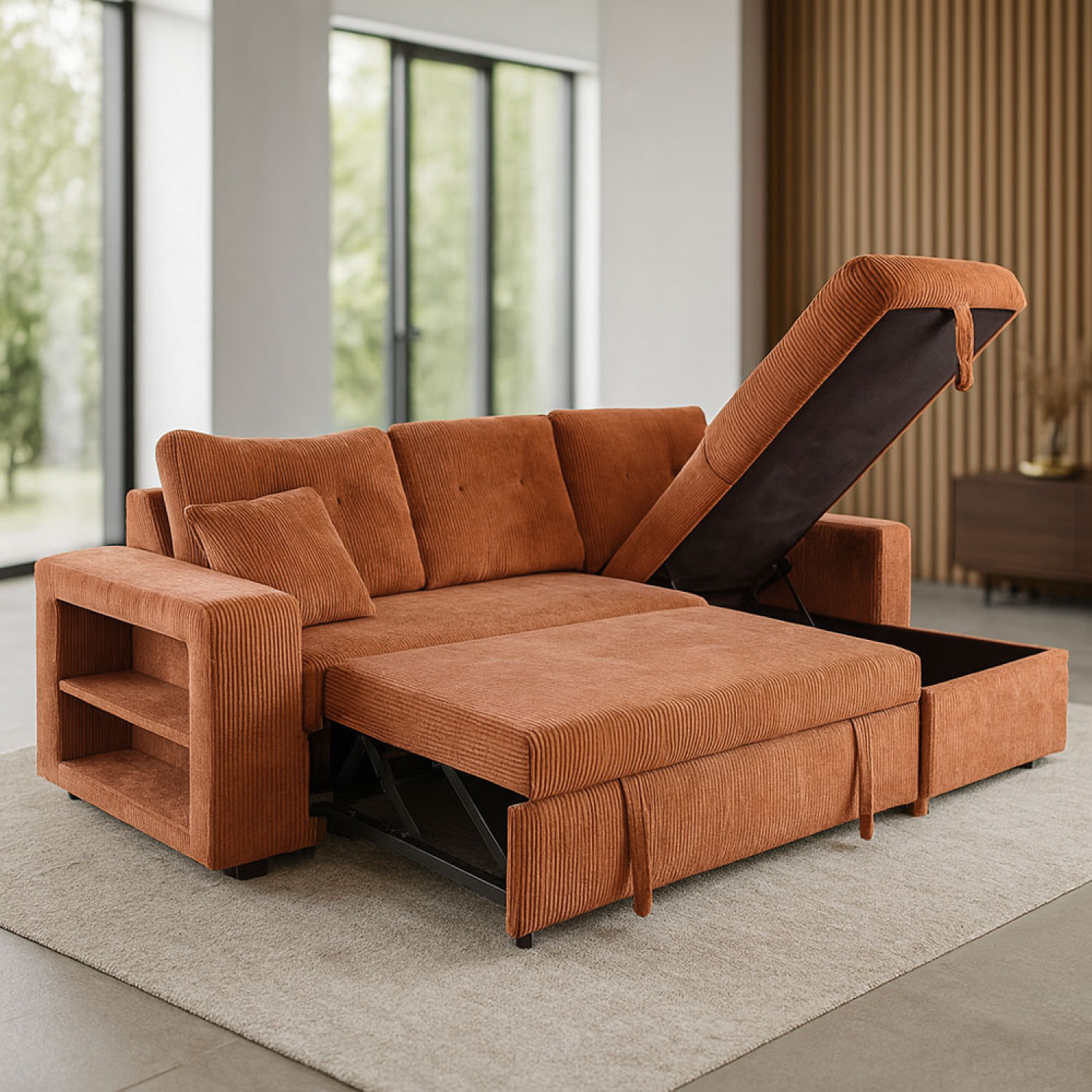 Canapé d'angle convertible 4 places avec coffre en velours côtelé terracotta SANDIEGO