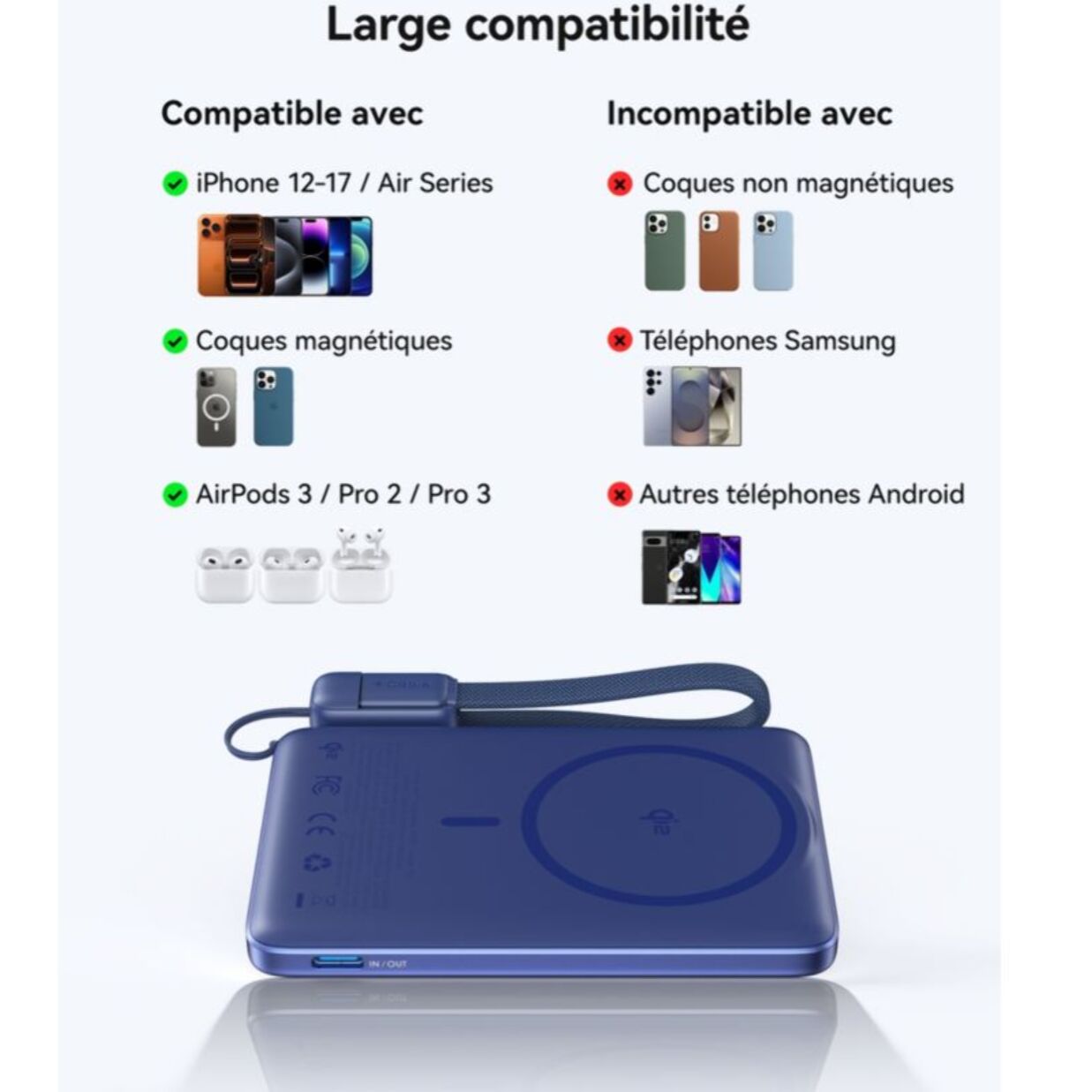 Batterie nomade INIU 5000 mAh magnet Qi2 MagPro slim bleu