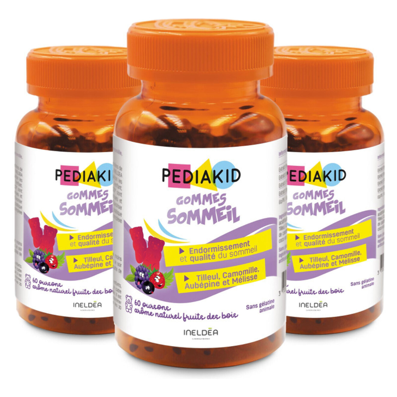 PEDIAKID - Gommes Sommeil - Complément alimentaire - Tilleul, Aubépine, Camomille & Mélisse - Facilite l'endormissement - Favorise un sommeil de meilleure qualité - Sans gélatine - Lot de 3 piluliers