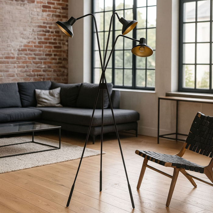 Lampadaire trépied en métal noir et doré h158cm SNAKE