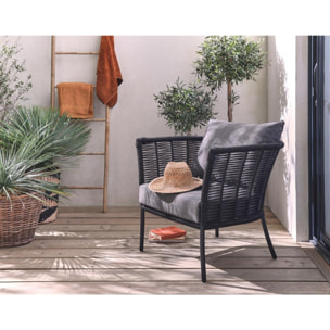MOANA - salon bas de jardin 4 pl + table - corde, métal et bois - noir coussins gris - housse de protection - Cordage noire, acier, bois et coussins gris