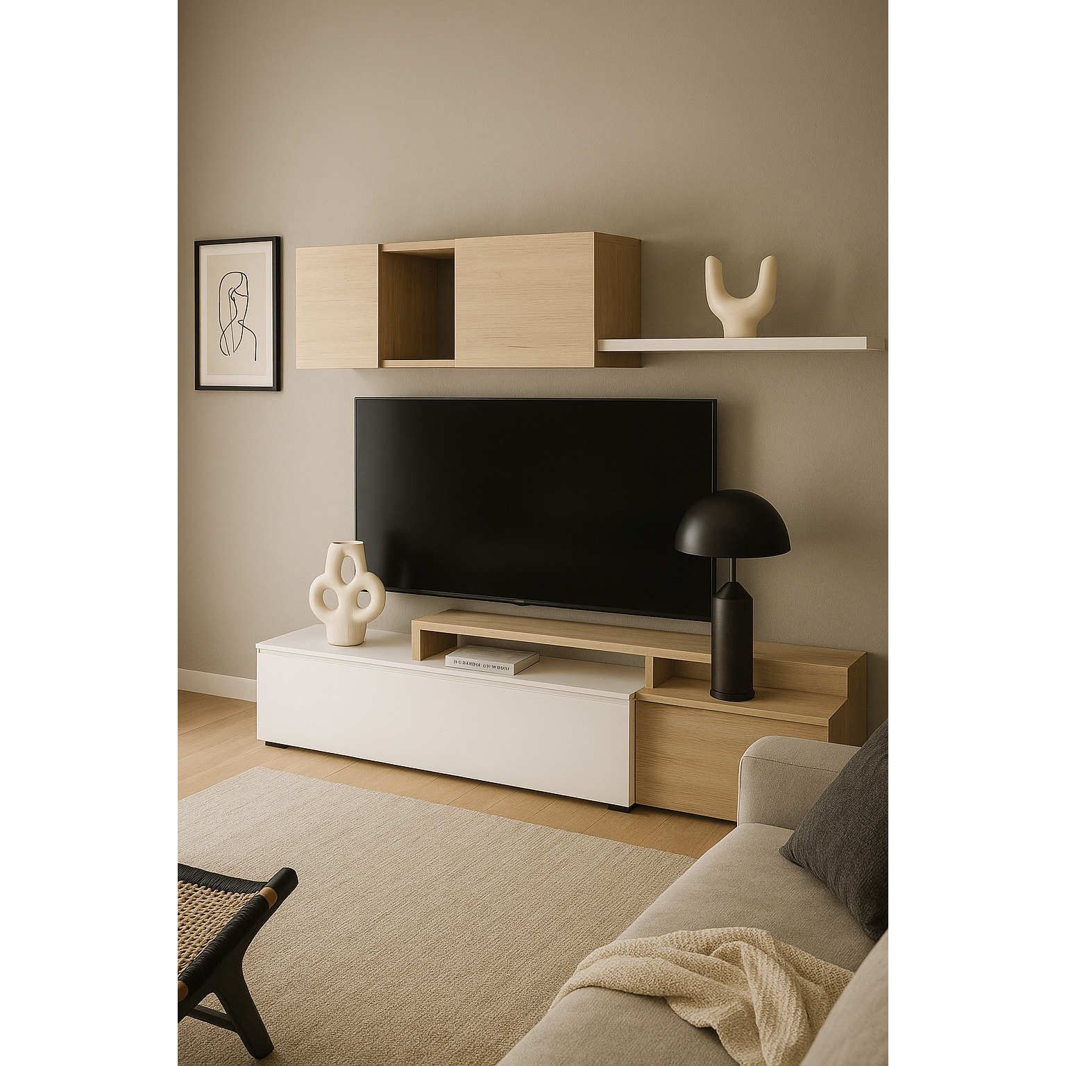 Parete Attrezzata Mobile Soggiorno TV con Mensola Pensile Salotto Legno Base Televisione Sala da Pranzo Design Moderno Modulare Reversibile Adelaide 201 x 41 x 44 cm Colore Bianco e Rovere