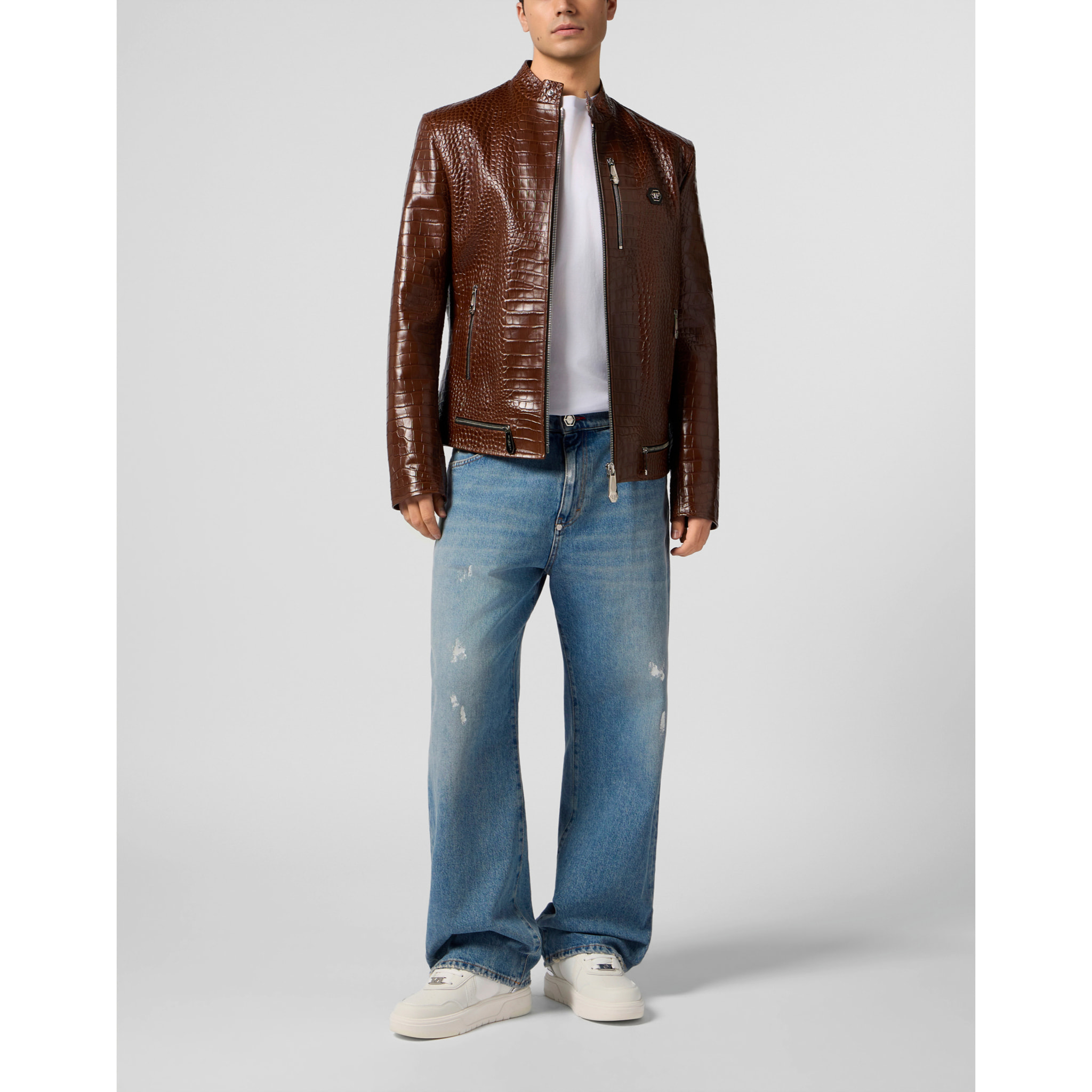 PHILIPP PLEIN Leather Moto Jacket Cocco