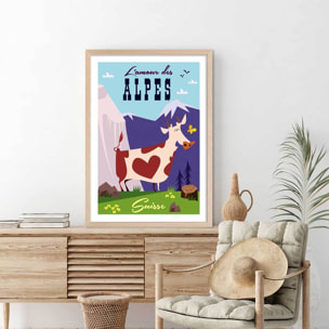Poster de l'amour des alpes suisse Affiche + cadre en bois - Chêne