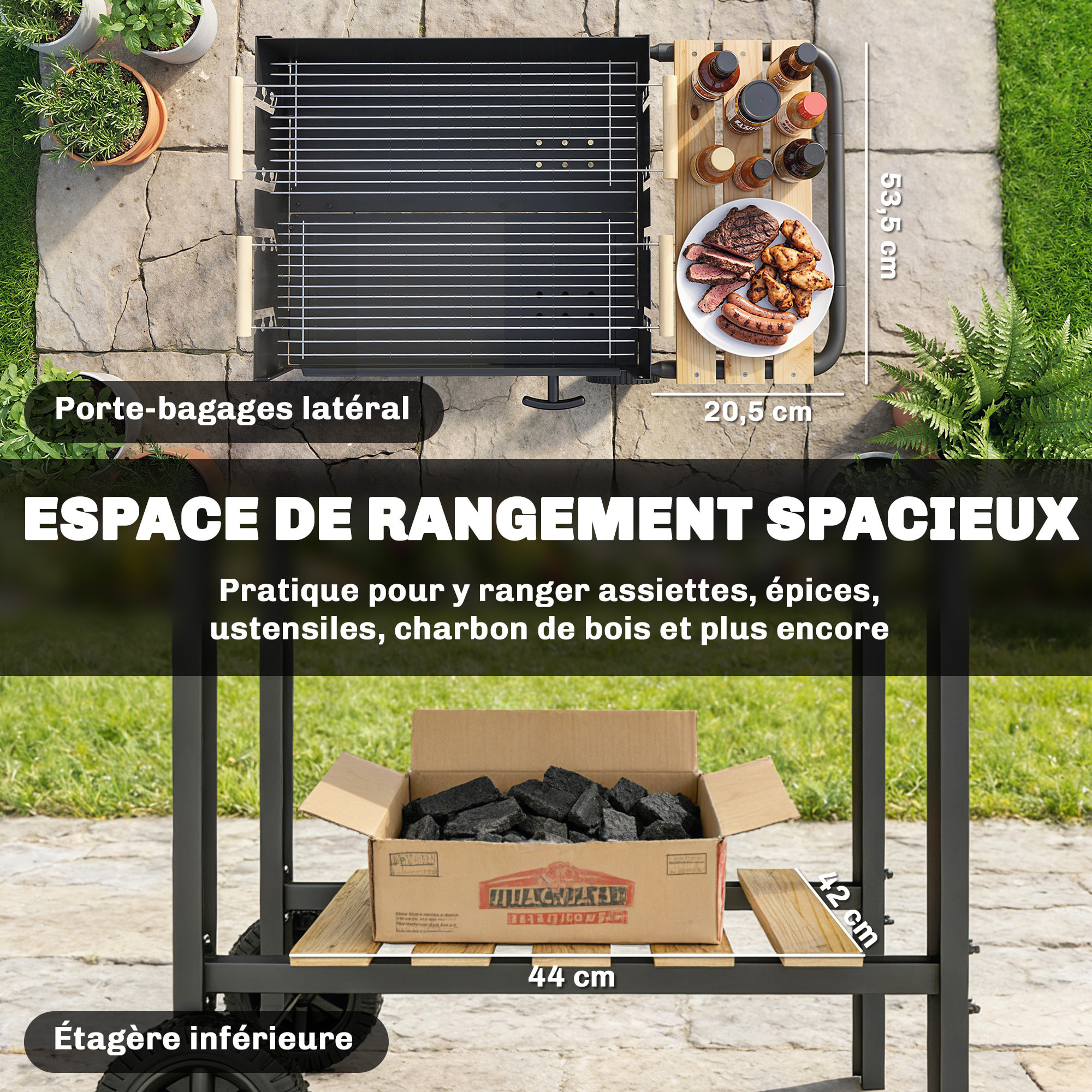 Barbecue charbon 2 grilles réglables 2 étagères roues