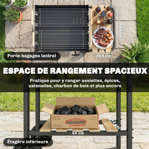 Barbecue charbon 2 grilles réglables 2 étagères roues
