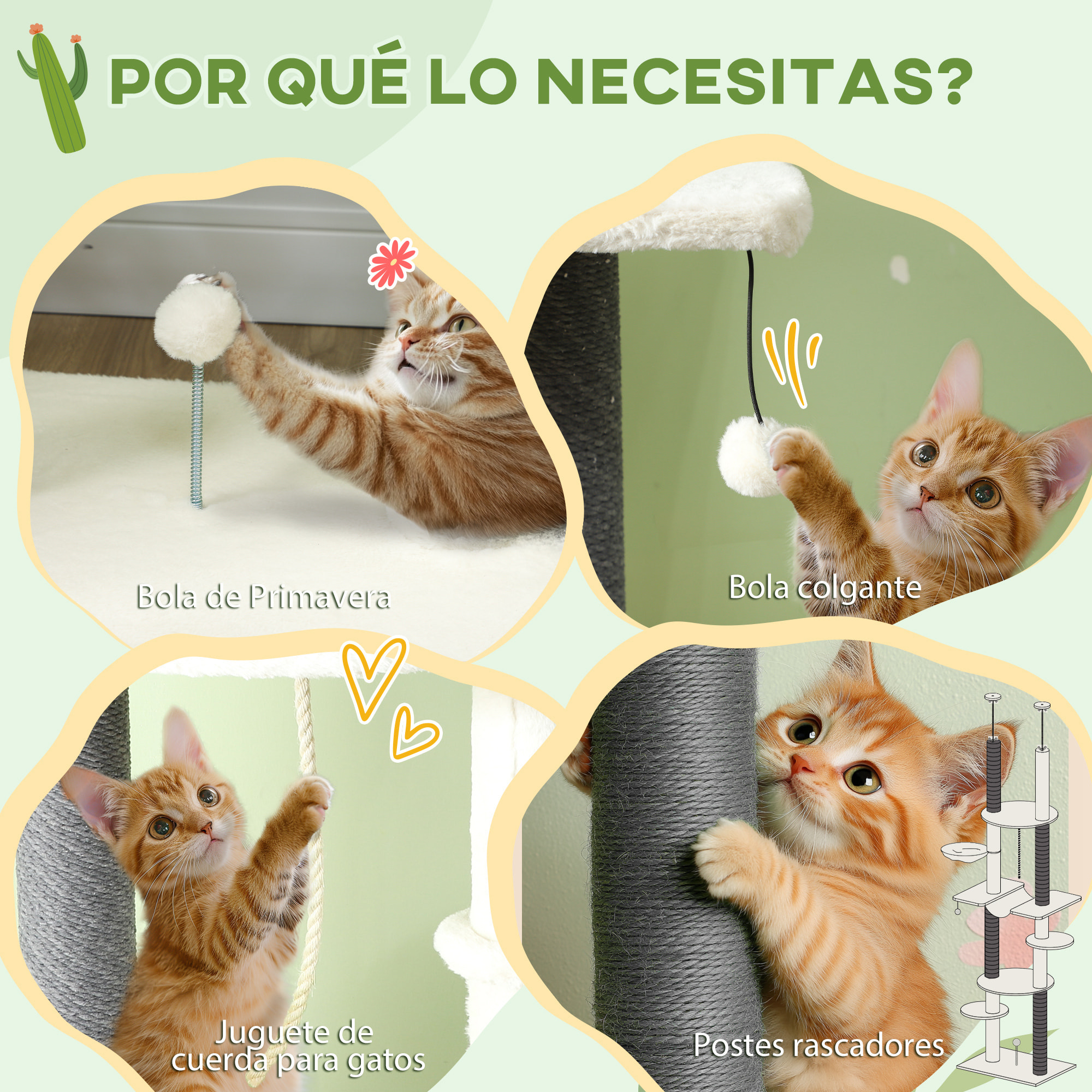 Árbol para Gatos de Suelo a Techo 225-255 cm Árbol Rascador para Gatos de 7 Niveles Torre para Gatos con Hamacas Plataformas Juguete de Cuerda Bola de Juguete Crema y Gris