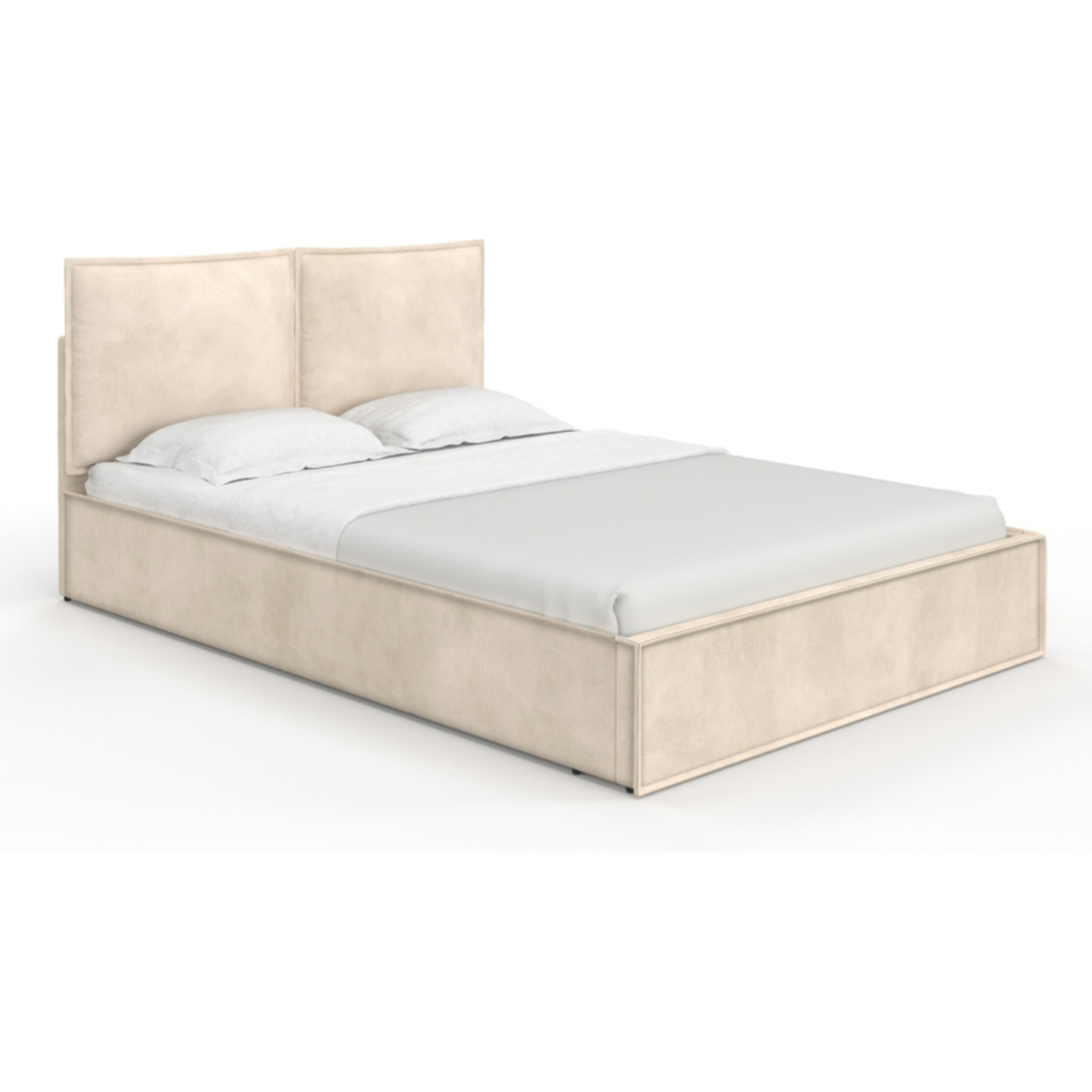 Lit coffre Lilou en velours beige avec sommier et tête de lit effet oreiller 140x190cm