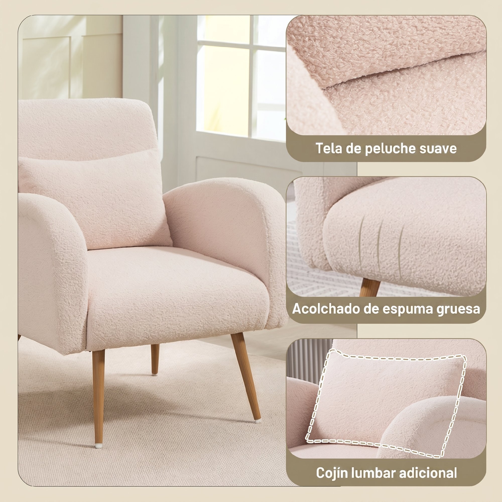 HOMCOM Sillón de Salón de Tela Teddy, Butaca de Salón con Cojín Lumbar Desmontable, Patas de Metal con Efecto Madera, Sillón de Relax para Dormitorio, Oficina, Estudio, Beige
