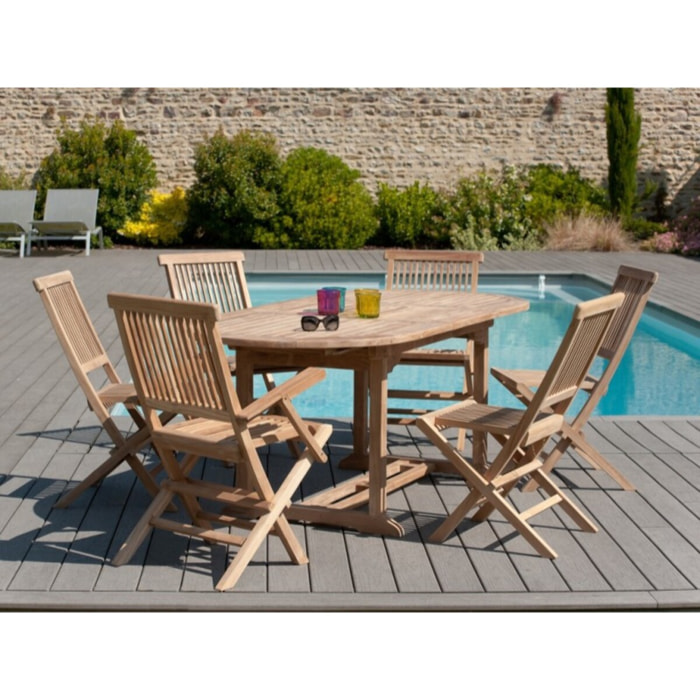 FUN - Table de jardin 6/8 personnes - ovale extensible - 150/200*90 cm en bois Teck brut